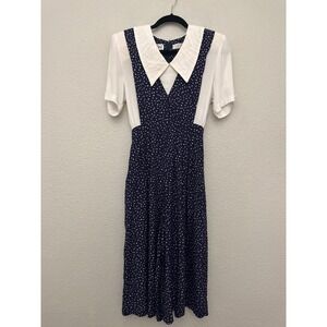 VTG Karin Stevens Petites 8 Navy Blue Heart Print Wide Leg Faux Layered Jumpsuit